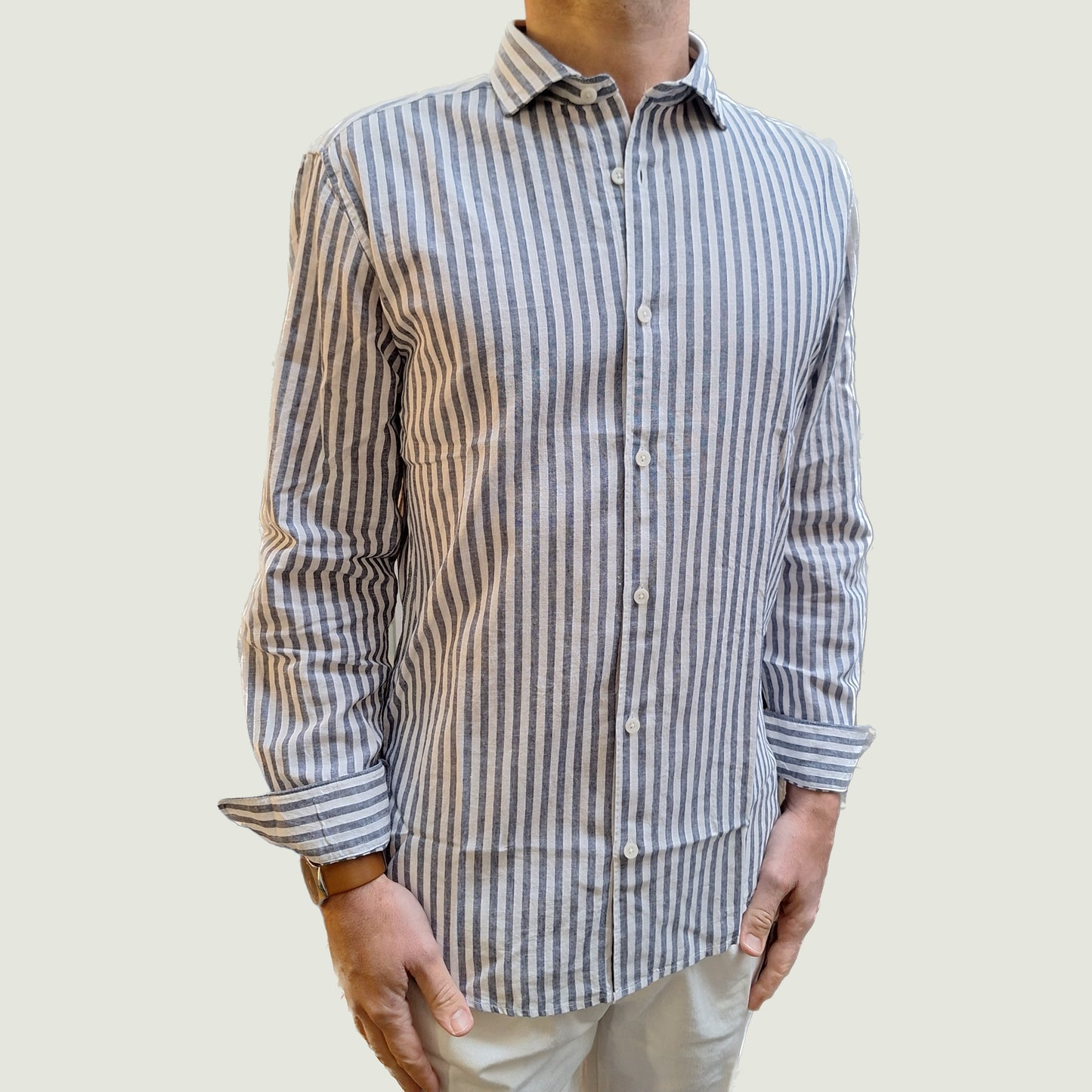 Camicia Impure Lino/Cotone Righe Verticali Bianco/Denim